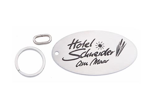 Edelstahl Schlüsselanhänger oval 85x45x1,5 mm mit Laserbeschriftung