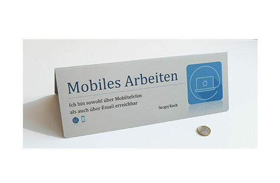 Tischaufsteller Alu sibler matt mit UV-Digitaldruck Tischaufsteller Alu sibler matt mit UV-Digitaldruck