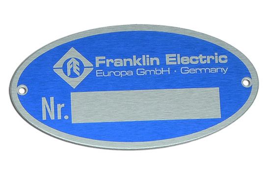Typenschild oval Alu silber matt blau bedruckt Typenschild oval Alu silber matt blau bedruckt