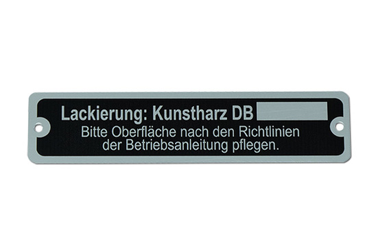 Typenschild Elxoalunterdruck auf Alu silber matt Typenschild Elxoalunterdruck auf Alu silber matt