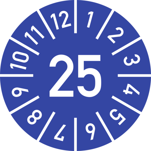 Prüfplakette Jahr 25 mit Monaten, blau, Dokumentenfolie, Ø 30 mm, 10 St./Bo.