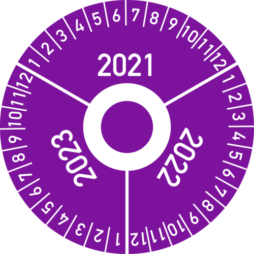 Prüfplakette 3 Jahre 2021/2022/2023 mit Monaten, Folie, Ø 40 mm, 10 Stück/Bogen