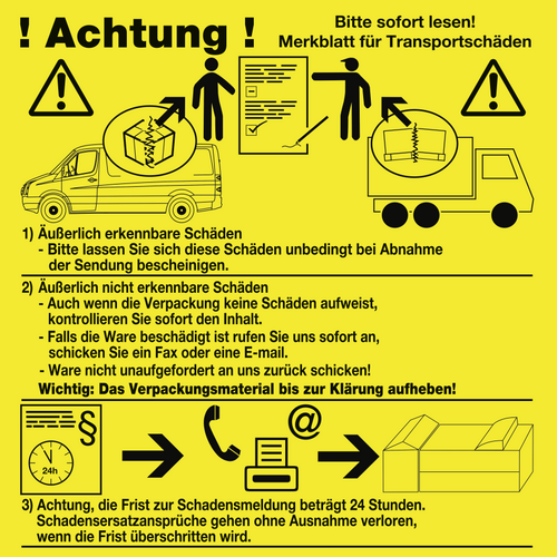 Merkblatt für Transportschäden, Papier gelb, Druck schw.100x100, 500 Stück/Rolle