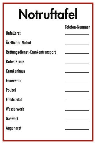 Notruftafel, Kunststoff, 200x300 mm