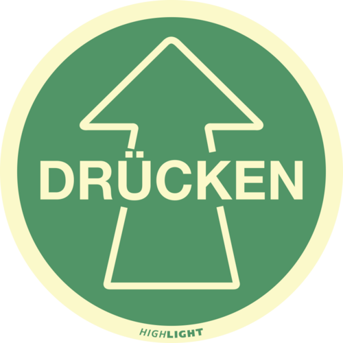 Piktogramm Drücken mit Pfeil, Folie, langnachleuchtend, 160-mcd, Ø 100 mm