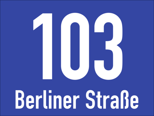 Hausnummernschild mit Straßenangabe, blau, Alu, reflektierend, 200x150 mm