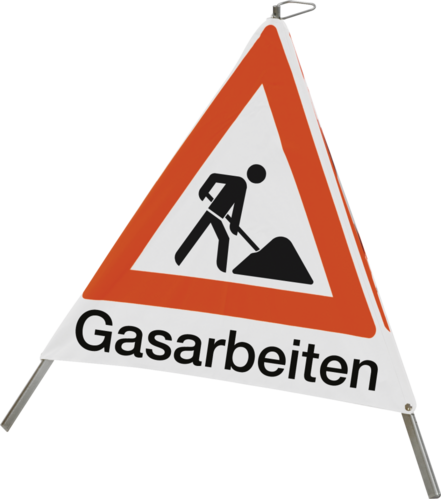 Faltsignal mit Symbol Baustelle und Text "Gasarbeiten", 900 mm Seitenlänge
