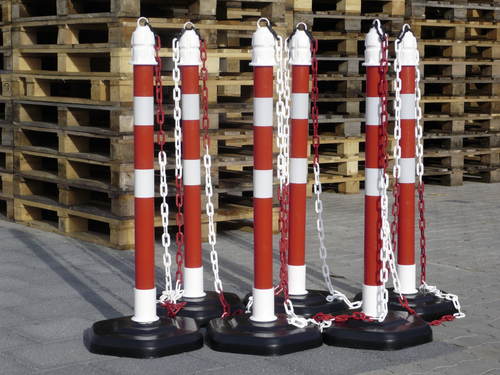 Absperrpfosten-Set rot mit refl. Streifen, Ø 63 mm, Höhe 1000 mm, 6 Pfosten/Set