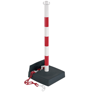 Absperrpfosten r/w, PVC, mit 2 Haken,Höhe 900 mm, PE-Sockel, Kettenfach m. Kette