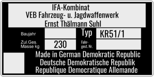 Typenschild für SIMSON Schwalbe KR51/1