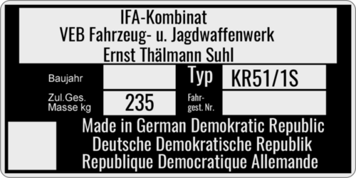 Typenschild für SIMSON Schwalbe KR51/1S