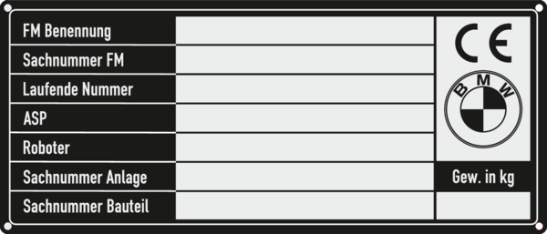 Typenschild BMW 140x60x1,5mm, Ecken R2, 4 Bohrungen