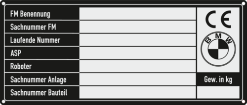 Typenschild BMW 140x60x1,5mm, Ecken R2, 4 Bohrungen Typenschild BMW 140x60x1,5mm, Ecken R2, 4 Bohrungen