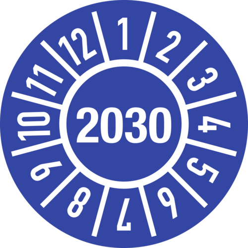 Prüfplakette Jahr 2030 mit Monaten, Folie, Ø 15 mm, 500 Stück/Rolle