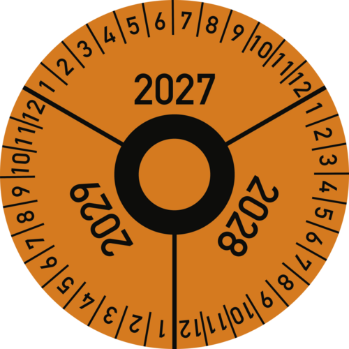 Prüfplakette 3 Jahre 2027/2028/2029 mit Monaten, Folie, Ø 40 mm, 10 Stück/Bogen