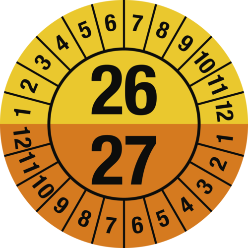 Prüfplakette 2026 - 2027 mit Monaten, Dokumentenfolie, Ø 30 mm, 10 Stück/Bogen