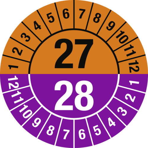 Prüfplakette 2027 - 2028 mit Monaten, Dokumentenfolie, Ø 30 mm, 10 Stück/Bogen