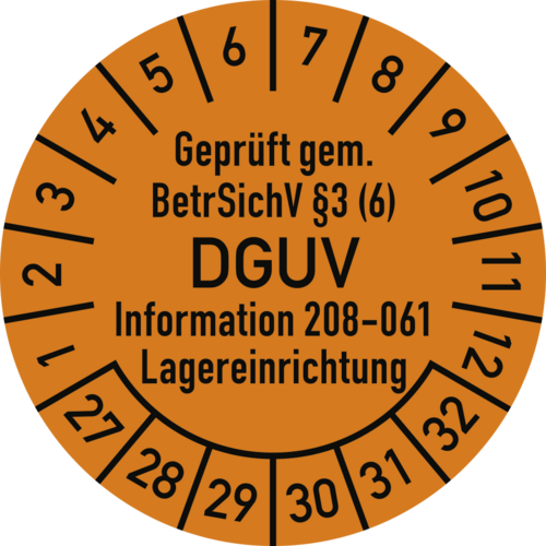 Prüfplakette BetrSichV §3 (6) DGUV 208-061, 2027-2032, Folie, Ø 30mm, 10 St./Bo.