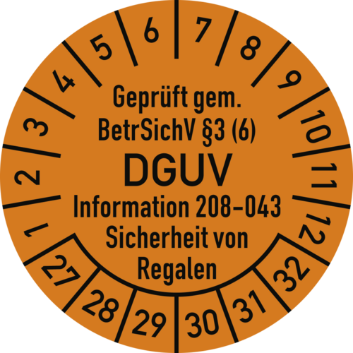 Prüfplakette BetrSichV §3 (6) DGUV 208-043, 2027-2032, Folie, Ø 30mm, 10 St./Bo.